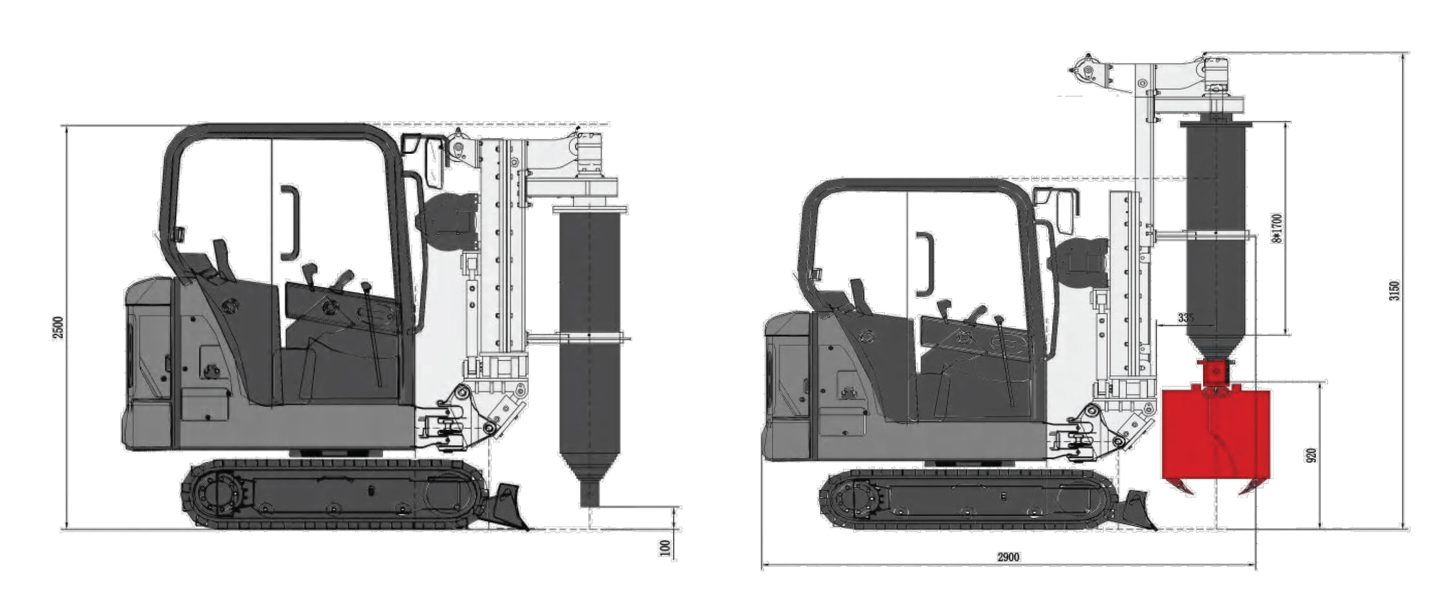 FR6 Mini Drill Attachment line drawings — transport and working state with dimensions