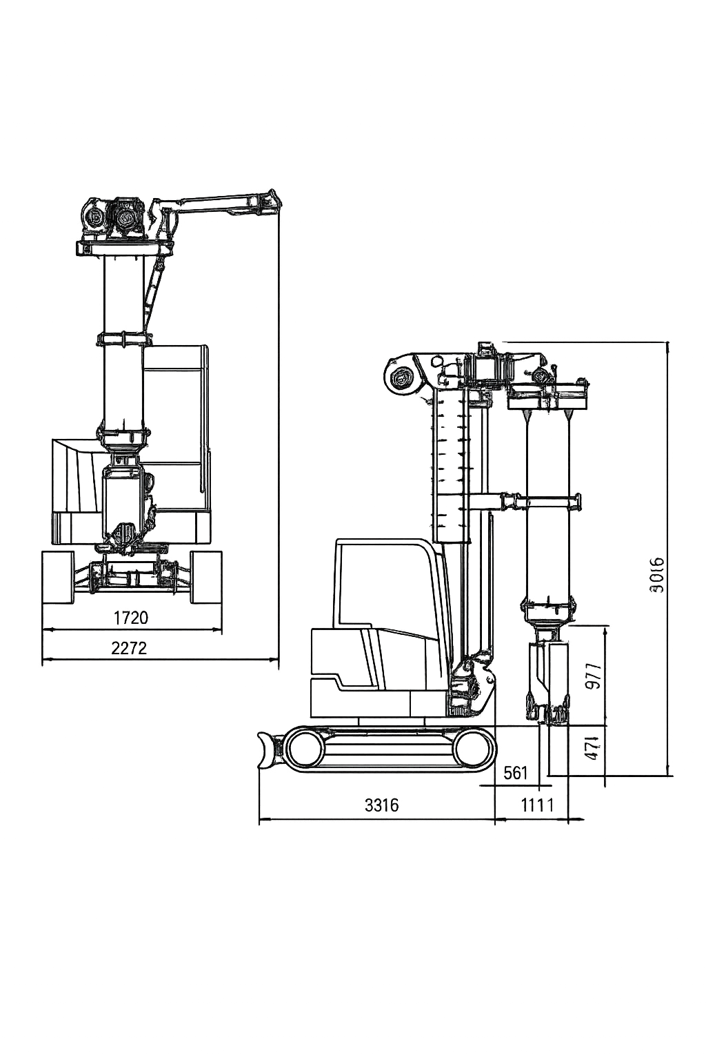 FR10 Micro Piling Machine line drawings — transport and working state with dimensions