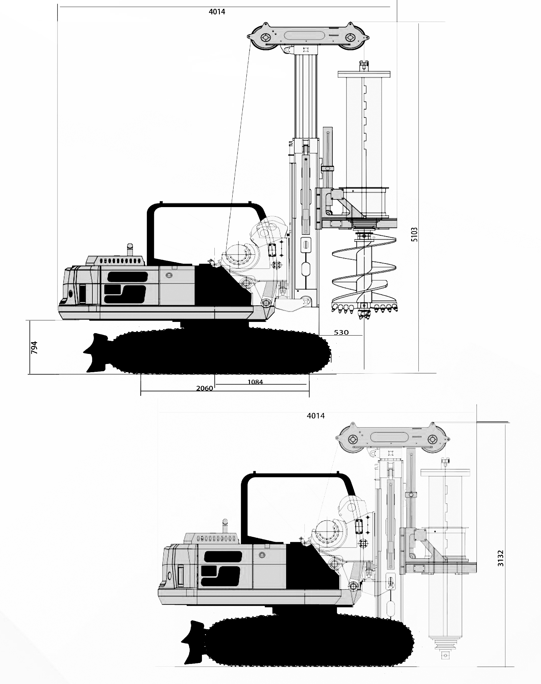 FR35 drilling rig dimensioned line drawings — working state and transport state