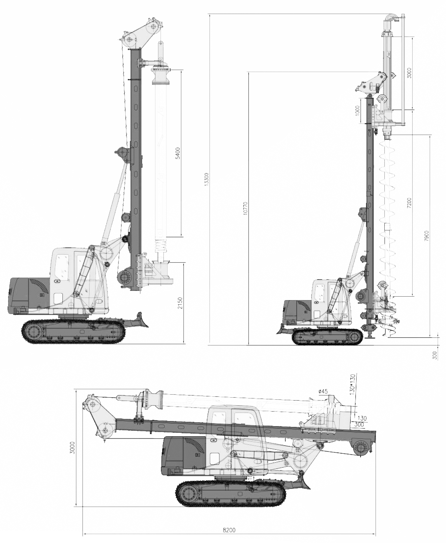 FR45 Compact Rotary Drilling Rig line drawings — working state, CFA mode, and transport state