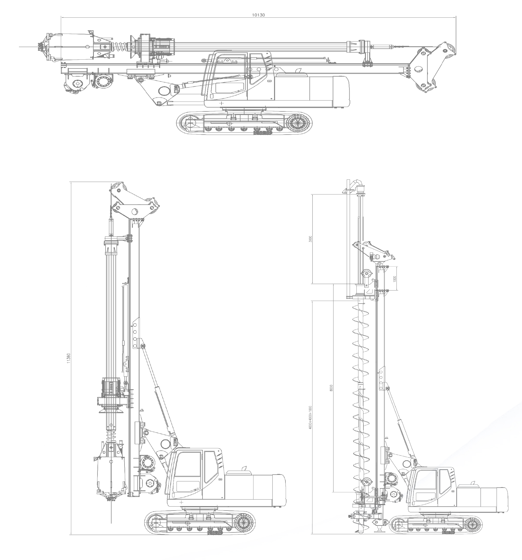 FR60 Compact Excavator Piling Machine line drawings — transport and two working state views