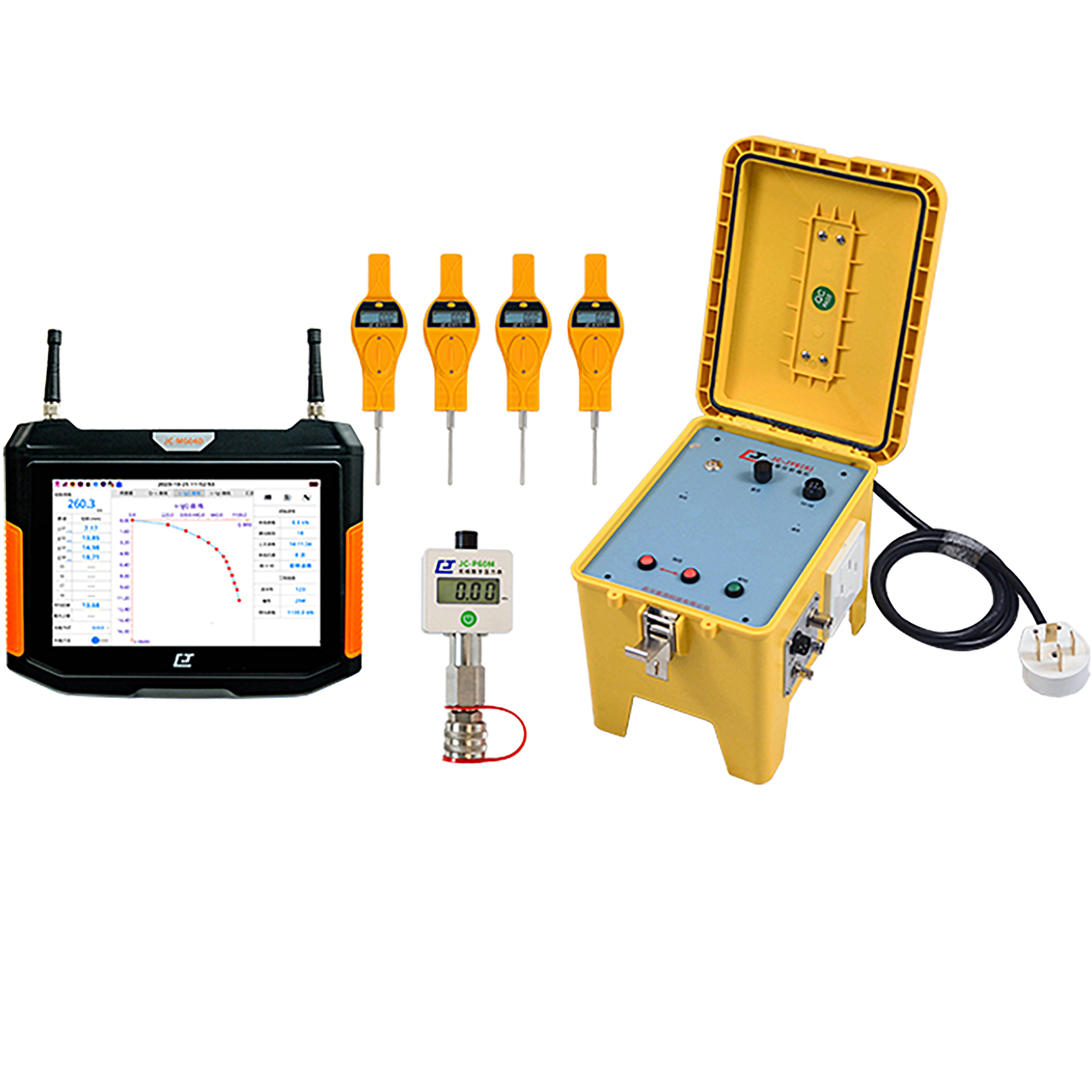 CESCO Data Logger for Static Load Test — host computer, wireless dial indicators, pressure gauge and front-end enclosure